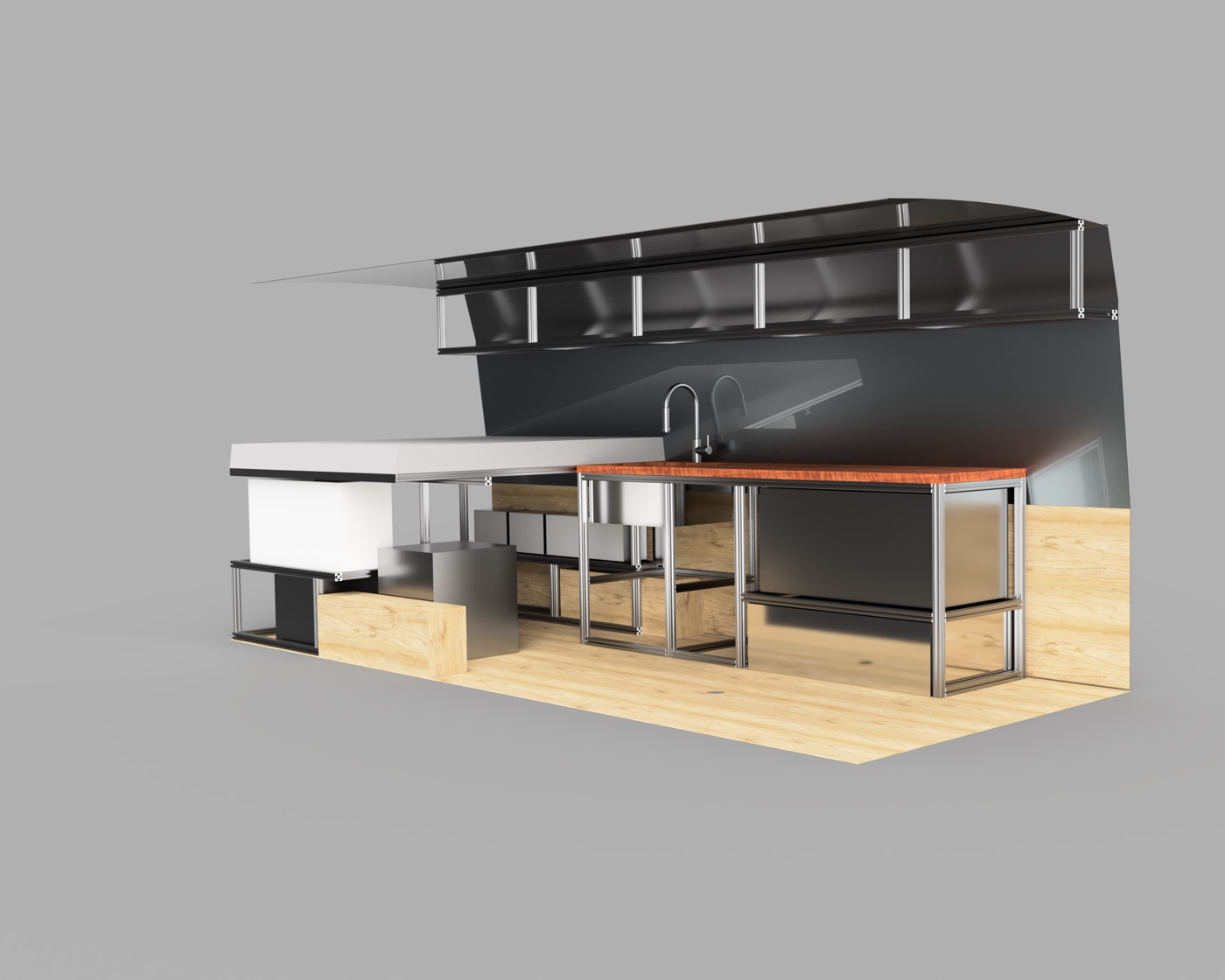 Interior layout render showing galley kitchen and workspace