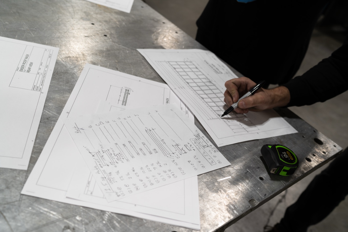 Close-up of Ender roof rack engineering blueprints